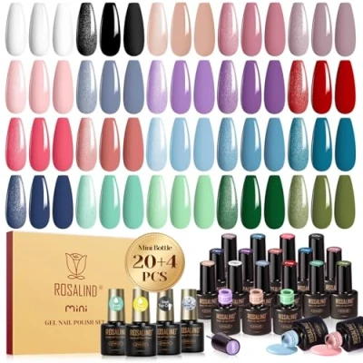 Afbeelding van ROSALIND semi permanente nagellak, 24 stuks, wit, zwart, roze, paars, rood, blauw, groen, kleuren, permanent, mini soak off, UV/LED, manicureset