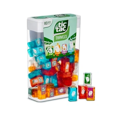 Afbeelding van Tic Tac Spender Box met 60 mini blikjes (elk 3,9 gram) Liliput, smaken: sinaasappel, munt, perzik, pepermunt