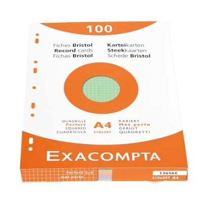 Image de Bristol Exacompta 210x297mm 205g quadrillé perforé Etui de 100 fiches Coloris assortis