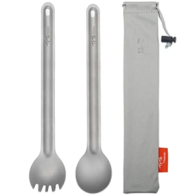 Afbeelding van TiTo Titanium Milieuvriendelijke ultralichte lepel en vork met lange steel voor kamperen, wandelen, reizen, picknick servies tas (2 stuks)