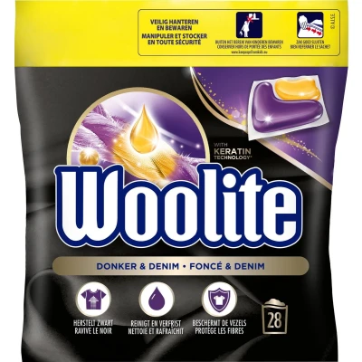 Afbeelding van Woolite Zwart, Donker &amp; Denim Wasmiddel met Keratine 28 Capsules