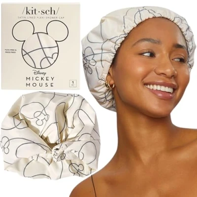 Afbeelding van Mickey/Minnie x Kitsch Luxe waterdichte douchemuts voor dames, flexibele gevoerd met satijn, herbruikbaar, verstelbare haar, grote