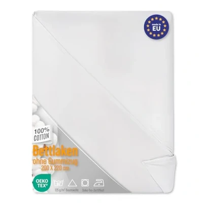 Afbeelding van Bedlaken, wit, 2 stuks: 200 x 220 cm 100% katoenen beddenlakens zonder elastiek, hotelkwaliteit, zacht en ademend deken 125 g/m²