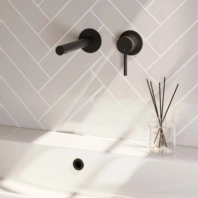 Afbeelding van Brauer Black Edition Wastafelmengkraan inbouw rechte uitloop links hendel lang smal model A 1 mat zwart