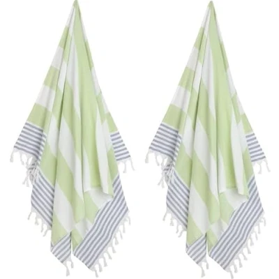 Afbeelding van 2 x Hamamdoek XL Groen (blauw) Strandlaken Zoem Katoen Sauna Wellness Zwembad Omslagdoek Badlaken Badhanddoek Yoga Stripe 100 180 cm
