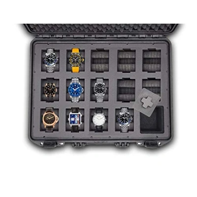 Afbeelding van MC CASES ® Draagkoffer voor maximaal 14 horloges, reiskoffer, waterdicht, afsluitbaar, perfect op reis, extreem beschermd, Made in Germany, zwart, ruimte 14, zwart., Harde schaal