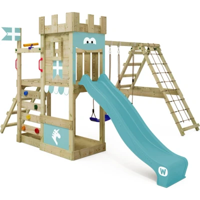 Afbeelding van WICKEY speeltoestel ridderkasteel DragonFlyer met schommel &amp; pastelblauwe glijbaan, outdoor kinderklimtoren zandbak, ladder speelaccessoires voor de tuin