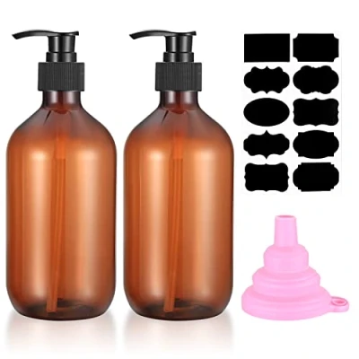 Afbeelding van 2 x 500 ml shampooflessen om te vullen, douchegel, lege pompflessen, kunststof zeepdispenser voor lotions, shampoo, met trechter, etiketten (bruin)