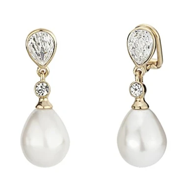 Afbeelding van Traveller Clip Oorbellen Oorclips Dames Hangers Goudkleurig Parels Kristal Preciosa Crystals Parel Wit Oorhangers 30 mm 110679