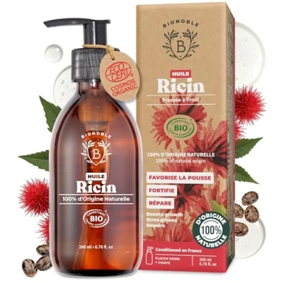 Afbeelding van Bionoble Biologische ricinusolie, 200 ml, haargroeiolie, wimpers, wenkbrauwen, baard en nagels, haarolie, 100% zuiver, natuurlijk koudgeperst, veganistische castorolie, glazen fles + pomp