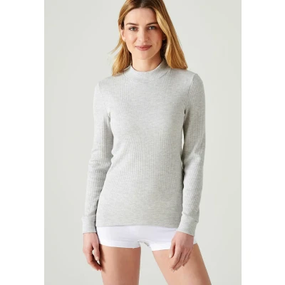Afbeelding van Damart Thermolactyl T shirt met opstaande hals, fleece ribboorden Dames Grijs S