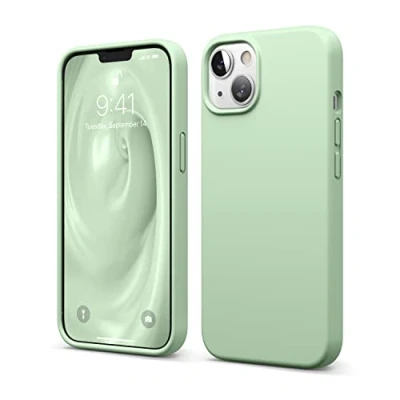 Afbeelding van elago Beschermhoes van vloeibare silicone, compatibel met iPhone 13, 6,1 inch, hoes premium rondom bescherming, schokbestendige 3 structuren, zachte microvezel, voorkomt krassen (pastelgroen)