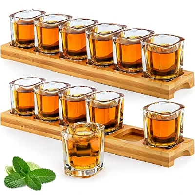 Afbeelding van Set van 2 borrelglazen 60 ml en 12 transparante kristallen glazen voor likeur, whisky, cognac, wodka, rum, thuis, feest, bar