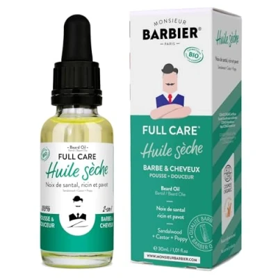 Afbeelding van Monsieur Barbier : FULL CARE Droge Baard en Gezichtsolie Ricinusolie, sandelhout papaver 100% natuurlijk voor een snelle groei zachte baard, frisse lichte geur Made in France! 30