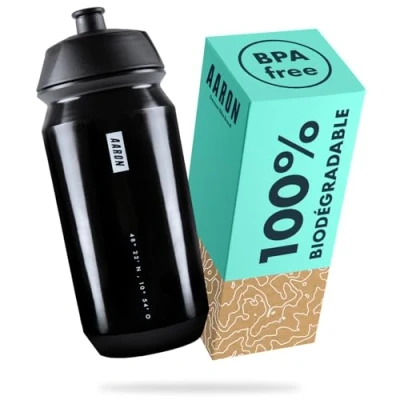 Afbeelding van AARON Eco Drinkfles, 100% biologisch afbreekbaar, 500 ml, licht en lekvrij, praktische BPA vrije waterfles voor sport, fitness, wandelen, outdoor in zwart