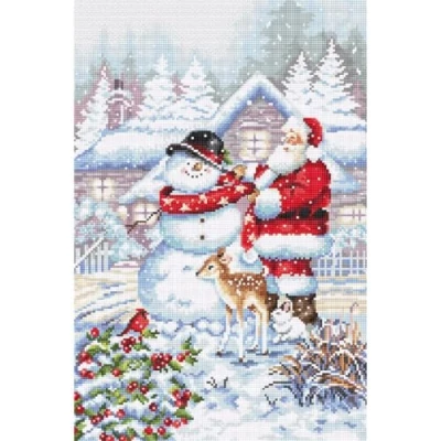 Afbeelding van Borduurpakket LETI 8015 Snowman and Santa telpatroon om zelf te borduren