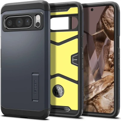 Afbeelding van Spigen Tough Armor Hoesje voor de Google Pixel 8 Pro Back Cover met Kickstand Metal Slate