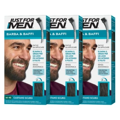 Afbeelding van Just For Men Baard &amp; Snor, baardverf voor heren, zonder ammoniak, verwijdert grijze haren, met applicatorkam, kleur donkerbruin, M45 (3 stuks)