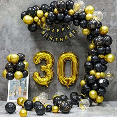 Afbeelding van 30e verjaardag decoratie mannen vrouwen slinger zwart goud ballon confetti ballonnen