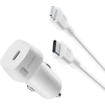 Afbeelding van Cellularline Autolader kit, 20W usb c naar lightning, wit