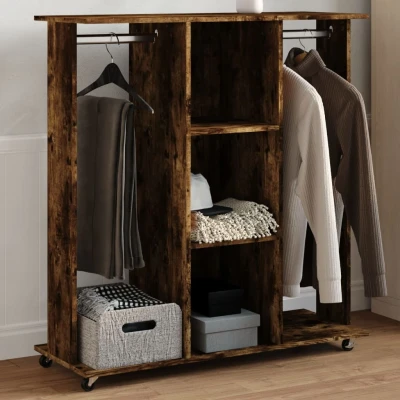 Afbeelding van Kledingkast met wielen 102x38x110 cm bewerkt hout gerookt eiken