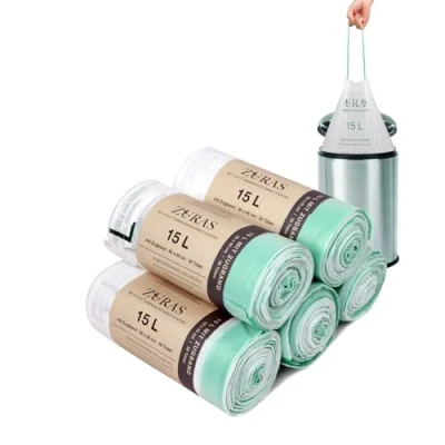 Afbeelding van ZURAS® biologisch afbreekbare vuilniszakken van 15 liter met trekkoord, 150 stuks, afbreekbaar, scheurvast en waterdicht