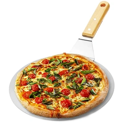 Afbeelding van COM FOUR® pizzaschep van roestvrij staal pizza en cakeschep met houten handvat ronde pizzaduwer voor pizza, tarte flambée brood (bruin / zilverkleurig rond)