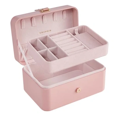 Afbeelding van SONGMICS JBC166C02 Reisjuwelendoos, Kleine Sieradendoos, 2 Niveaus Opbergdoos Voor Sieraden Draagbare Reiskoffer Grotere Accessoires 11 x 16 8 cm Cadeau Idee, MDF (middeldichte