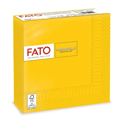 Afbeelding van Fato, papieren wegwerpservetten, ideaal voor informele lunches en buffetten, verpakking met 50 servetten, formaat 33 x 33, 4 gevouwen, 2 laags, geel, 100% puur cellulosepapier, FSC gecertificeerd