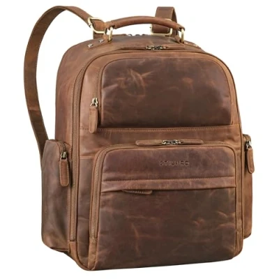 Afbeelding van STILORD Sigmund 17 inch laptoprugzak, echt leer, zakelijke rugzak voor reizen, XXL, dames en heren, Medium bruin