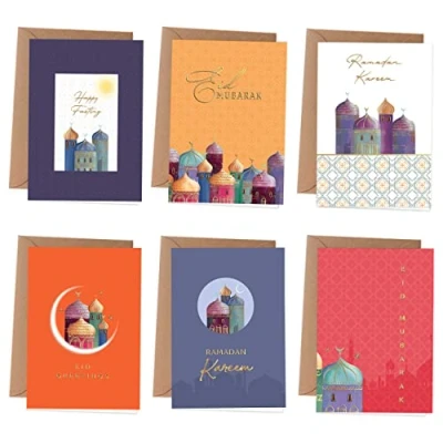 Afbeelding van Papierdrachen Ramadan vouwkaarten, 6 stuks, vouwkaarten met envelop, suikerfeest, familiegroeten, elegant design voor ramadan, kleurrijk en goudkleurig motief