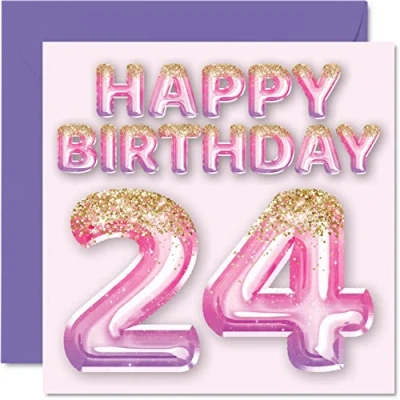 Afbeelding van Stuff4 Verjaardagskaart voor vrouwen, 24 jaar, roze en paarse glitterballonnen, verjaardagskaarten meisjes, zus, tante, neef, 145 mm x