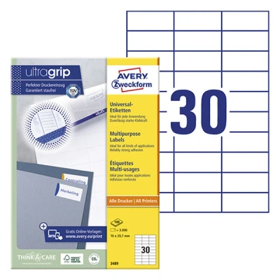 Image de Avery Zweckform 3489 étiquettes multi usages A4 70 x 29,7 mm (3000 étiquettes) blanc