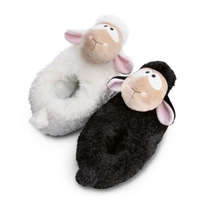 Afbeelding van Wool*y band schapenpantoffels, maat 34 37 (M) zwart en wit warme duurzame knusse pantoffels voor jongens meisjes dierenschoenen met antislipzolen