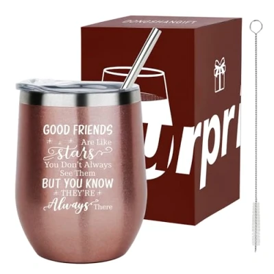 Afbeelding van Verjaardagscadeau voor beste vriendin Good Friends are Like Stars Ideaal cadeau vrouwen, haar, vriendin, zus 355 ml roestvrijstalen beker met deksel, rietje en geschenkdoos goud