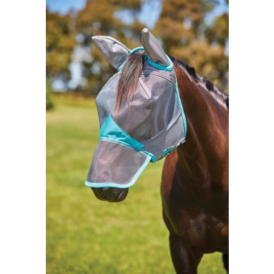 Image de Weatherbeeta Masque Anti Mouches Comfitec Deluxe Fine Mesh avec Oreilles et Nez Gris/TurquoiseVendu par Agradi
