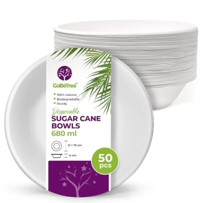 Afbeelding van 50 stuks wegwerp suikerriet papieren kommen 680 ml extra sterk biologisch afbreekbaar wegwerpservies wit voor feestjes en ontbijt bagasse