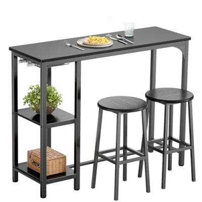 Afbeelding van Bealife Statafelset en 2 krukken, bartafel set voor personen, eettafel, bistro, pubtafel met opbergplanken niveaus