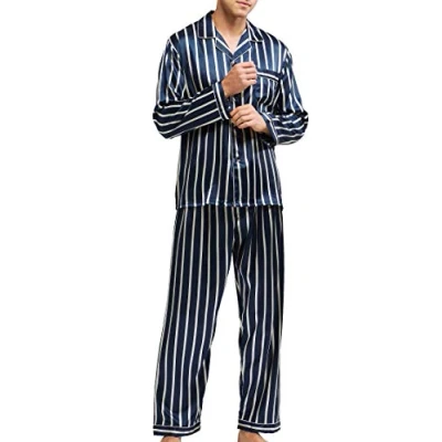 Afbeelding van Satijnen pyjama voor heren, loungewear, Blauwe en beige strepen