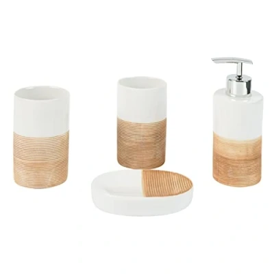 Afbeelding van axentia Accessoires Rimini Badkamer 4 delige Set Zeepdispenser, Zeepbakje &amp; Tandenborstelbekers Badaccessoires navulbaar, Keramiek, Beige, 1 x cm