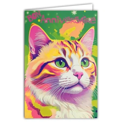 Afbeelding van AFIE 69 8106 fluo kaart met envelop, 12 x 17,5 cm, illustratie kat, schattig, echte inkt, gemaakt en geproduceerd in Frankrijk