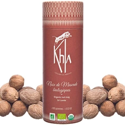 Afbeelding van Khla Biologische hele Nootmuskaat tube 100g uit Sri Lanka Ingrediënt keuken &amp; gebak Zeldzame Aziatische specerijen Direct producent Kerstkruid, Quiches, Puree, Gratins