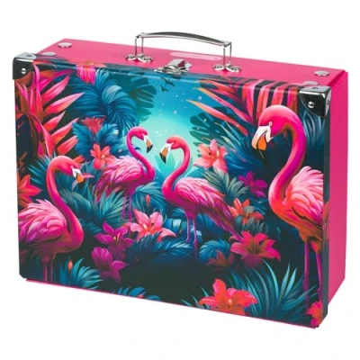 Afbeelding van Baagl Kinderkoffer voor speelgoed en schoolbenodigdheden, kartonnen koffer, speelgoedkoffer, speelkoffer, opvouwbare kinderkoffer, vouwkoffer met metalen handvat, Flamingo&#039;s.