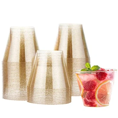 Afbeelding van MATANA 60 Plastic Bekers met Goud Glitter (270ml) voor Bruiloften, Verjaardagen, Kerst &amp; Feesten Drankjes, Desserts, Champagnes