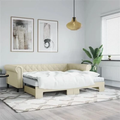 Afbeelding van vidaXL Slaapbank onderschuifbed en matrassen 90x200 cm kunstleer crÃ¨me