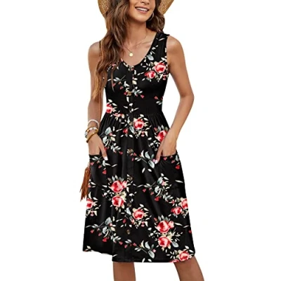 Afbeelding van MOLERANI Zomerjurk voor dames, knielang, mouwloos, V hals, zakken, casual stijl, strandjurk, Roze, zwart