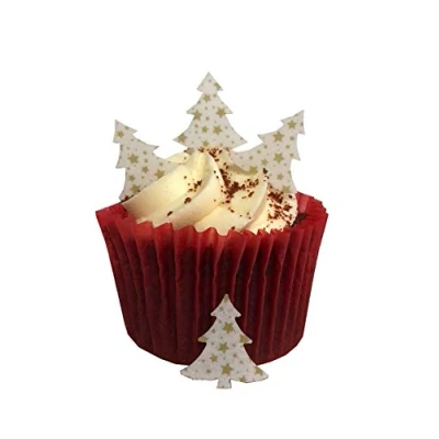 Afbeelding van 50 stuks taartdecoraties van eetbaar papier, voorgesneden, motief: kerstboom, kleine gouden sterren, ideaal voor kerstcupcakes of als tafeldecoratie