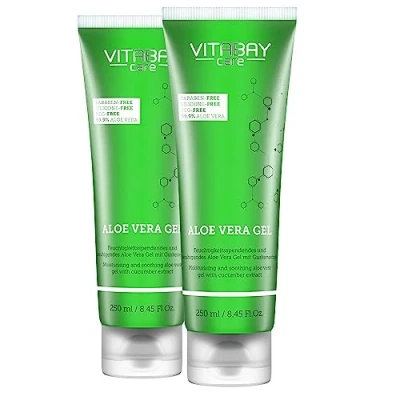 Afbeelding van Vitabay Hydraterende aloë vera gel voor gezicht, haar, 2 x 250 ml 100% (99,9%) na de zon, zonnebrand, haar plating en krullend