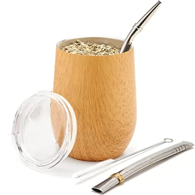 Afbeelding van BALIBETOV [Nieuw] Moderne 350 ml Yerba Mate Kalebas Set (Mate Cup) Dubbelwandig 18/8 roestvrij staal Inclusief twee bombilla&#039;s en een schoonmaakborstel (LICHT HOUT, 355 ml)