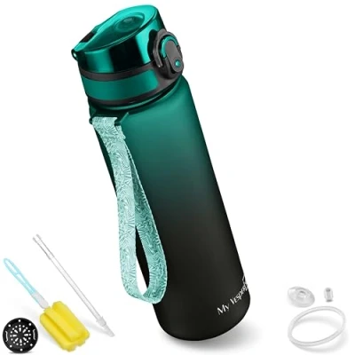 Afbeelding van My Vesperbox Minny Drinkfles voor kinderen, lekvrij, met rietje of zeef, 350 ml, 500 lichte Tritan waterfles, BPA vrij, kleuterschool, school (groen/zwart, ml)